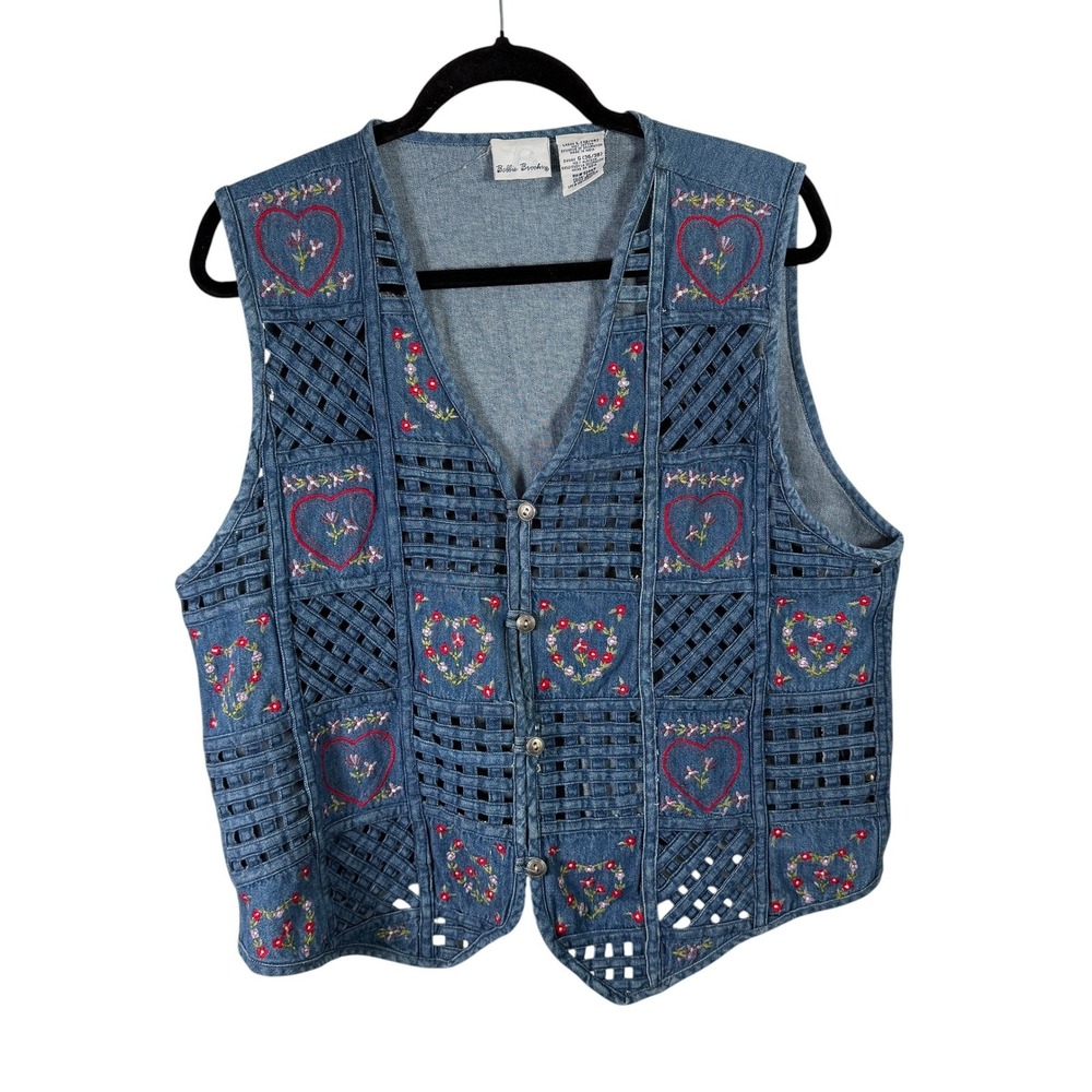 Bobbie Brooks Denim Vest Floral Embroidered Hearts Cottagercore Grannycore Large - Picture 2 of 9